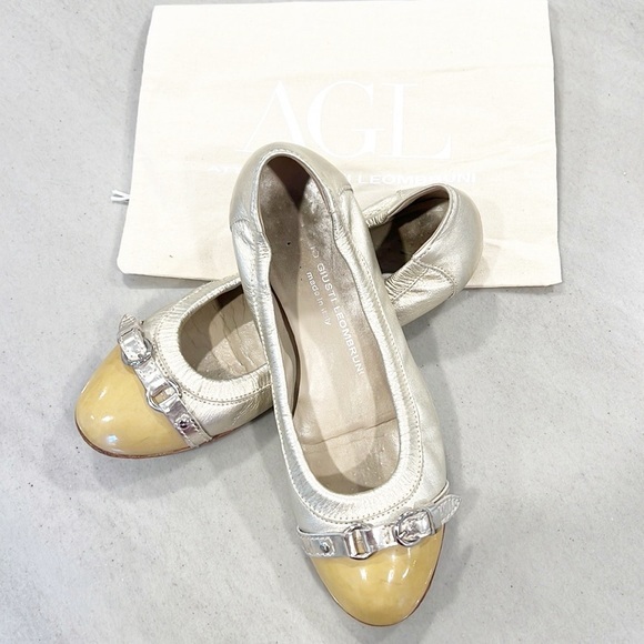 Agl Shoes - AGL MONIKA FLAT IN Tan GOLD Patent Leather Cap Toe Size 36.5 6.5